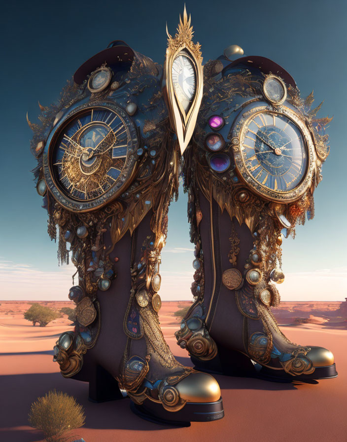 Surreal artwork: Clock-faced wings on stylish boots in desert landscape