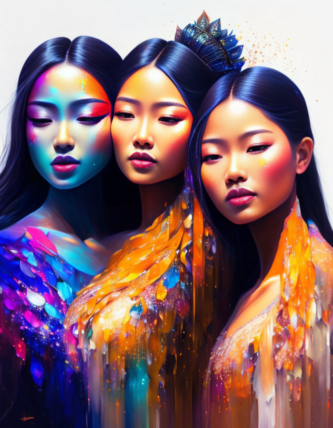 Vivid multicolored makeup on three serene women, gradient from purple to yellow