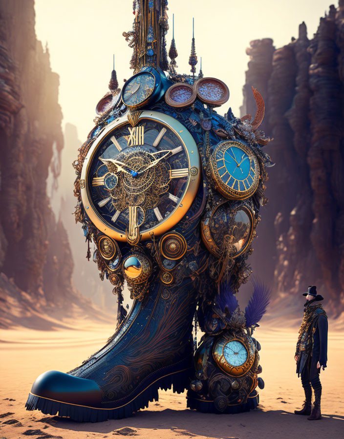 Ornate clock beside person in desert landscape