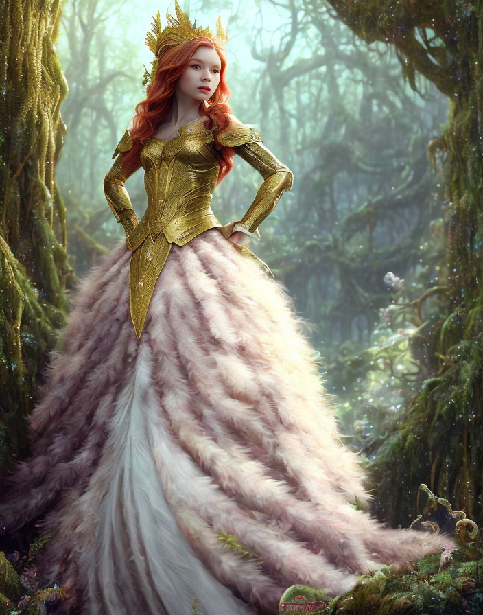 Red-haired woman in golden crown and armor in enchanted forest with feathery dress.