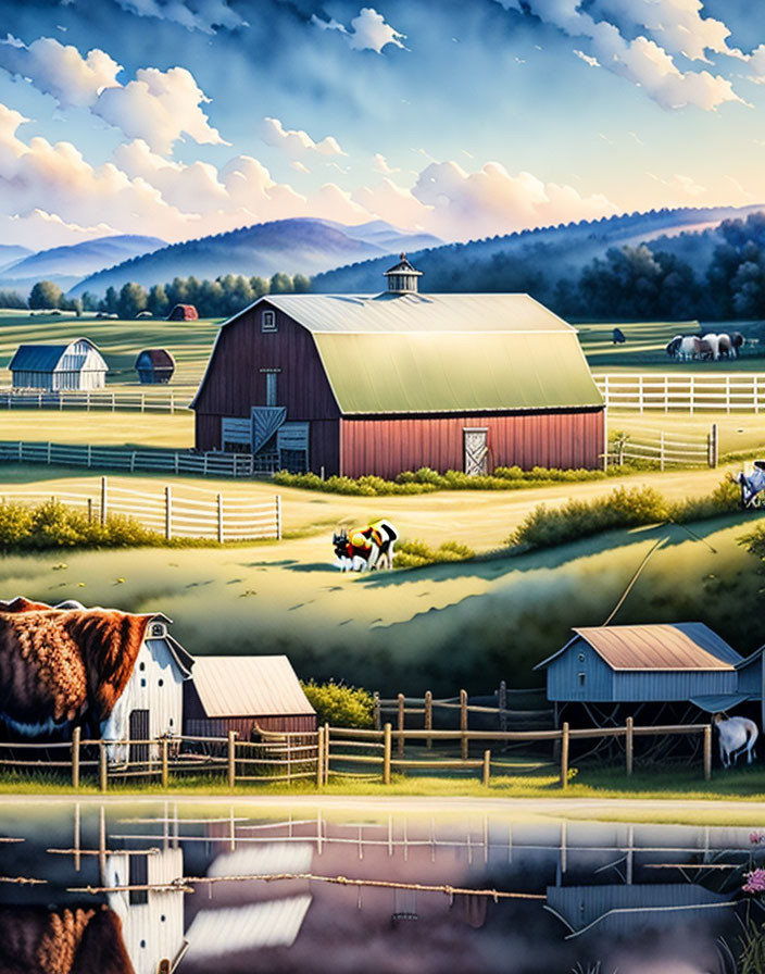 Rural landscape with red barn, cows, pond, and mountains