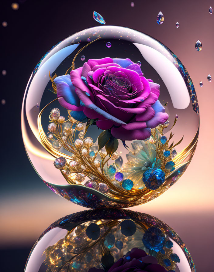 Colorful Rose in Gold Bubble with Water Droplets on Glossy Surface