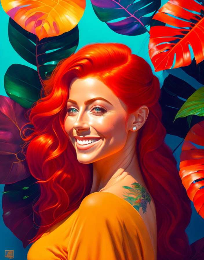 Colorful illustration of smiling woman with red hair in tropical setting