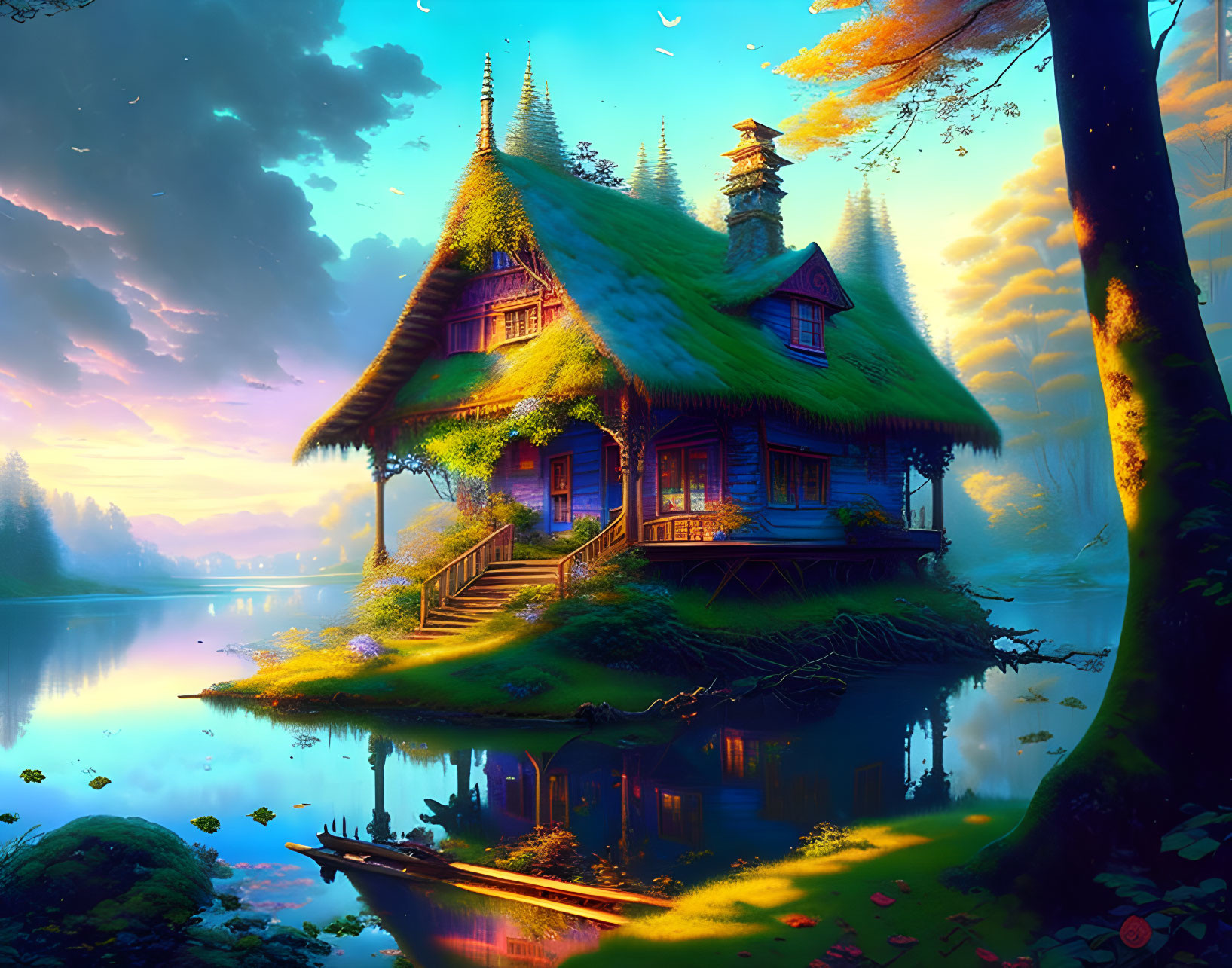 Tranquil lakeside scene with moss-covered cottage at sunset