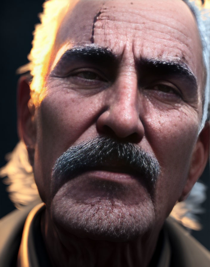 Elderly man with white hair and mustache, deep-set eyes, and wrinkles.