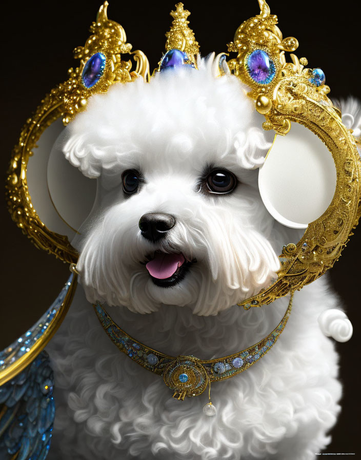 Fluffy white dog with gold and jewel accessories on dark background