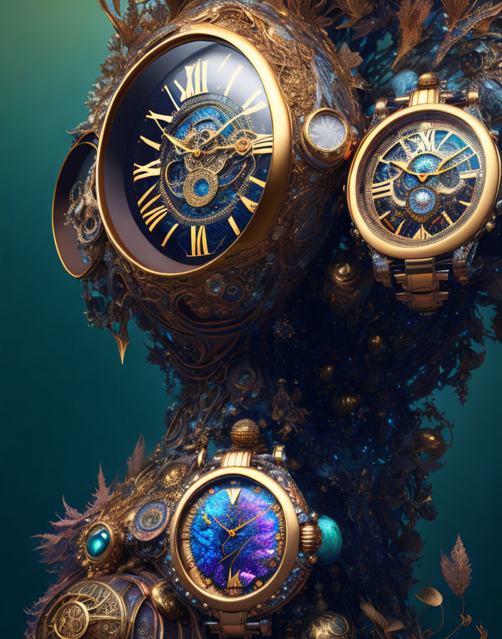 Ornate Steampunk Watches on Teal Background