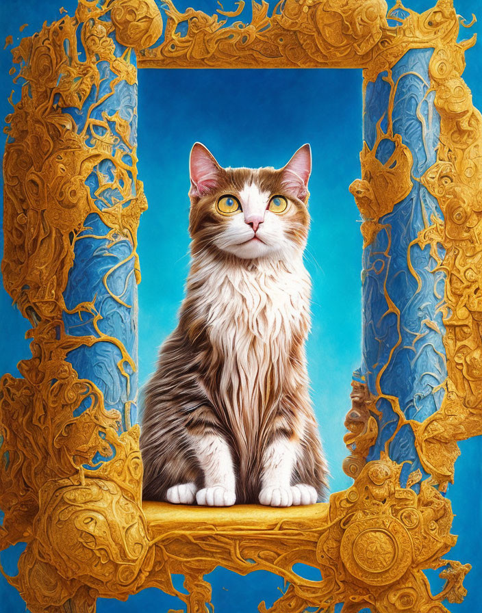 Majestic cat in ornate golden frame on vibrant blue background