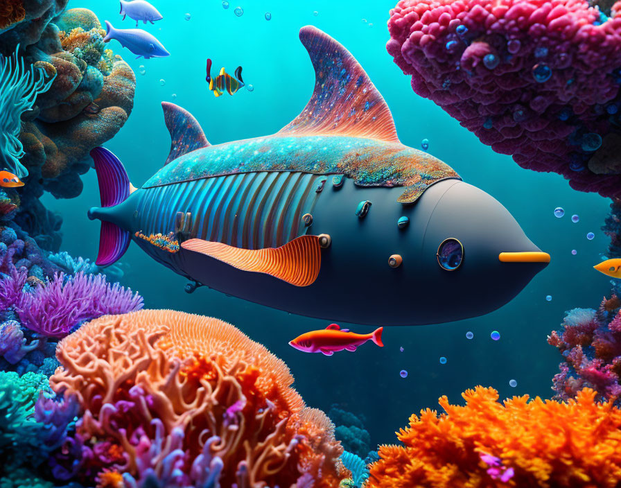 Colorful underwater scene with large orange fish and coral reefs