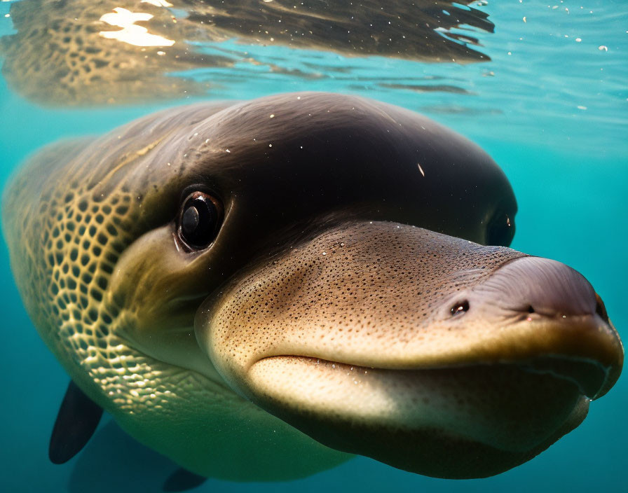 Friendly Dolphin Close-Up Underwater: Curious Eyes and Beak