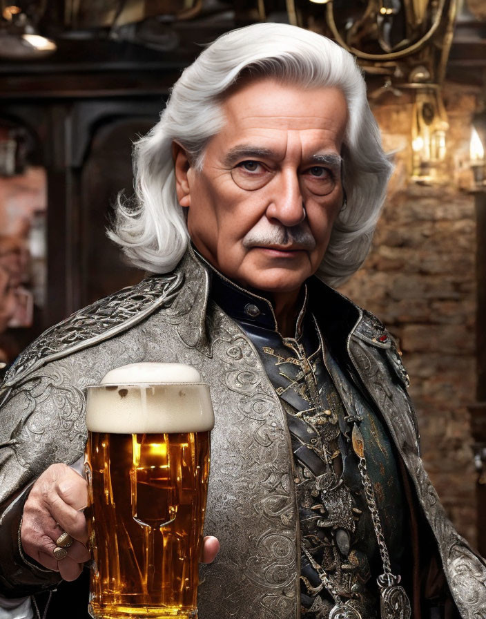 Elderly man with white hair and mustache drinking beer in ornate room