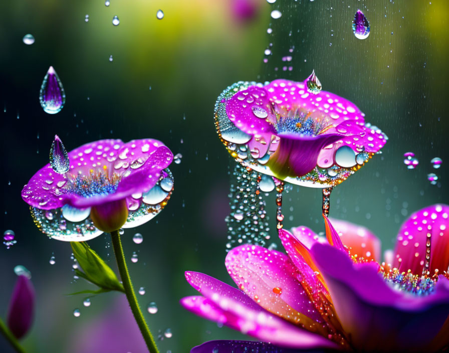 Vibrant Purple Flowers with Glistening Water Droplets on Blurred Green Background