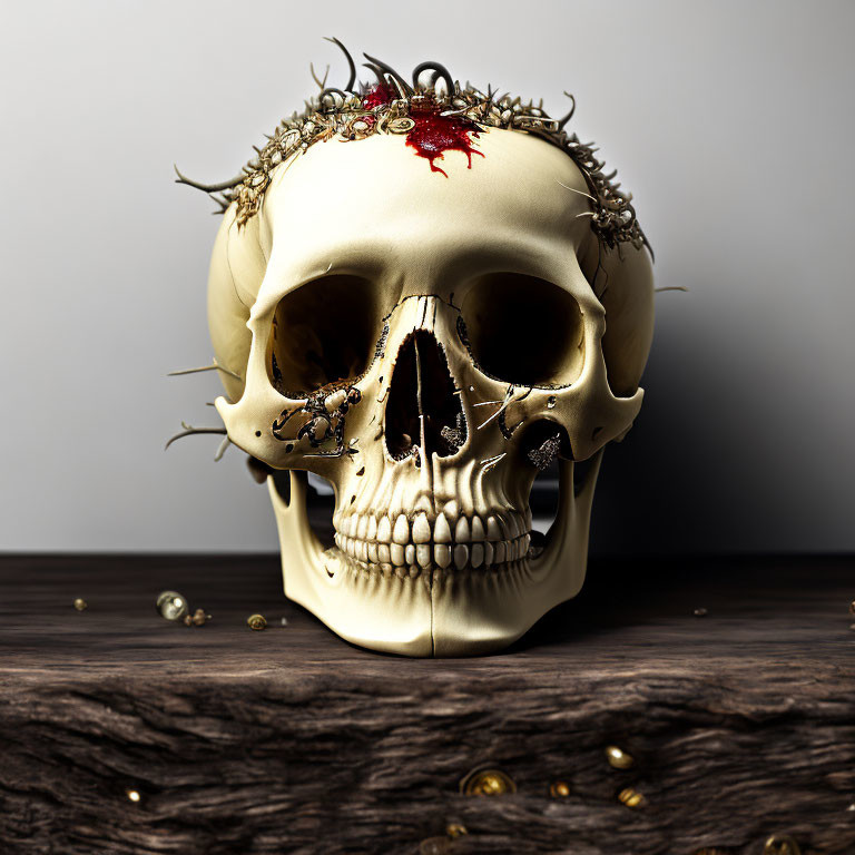 Human skull with crown of thorns and blood stain on wooden surface with pearls