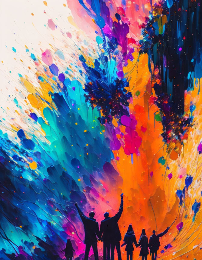 Colorful Paint Splatter Art with Silhouettes of People Viewing