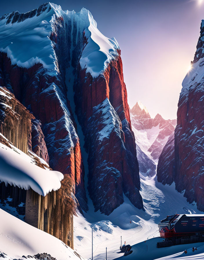 Snow-capped mountain with red cliffs and base under clear sky