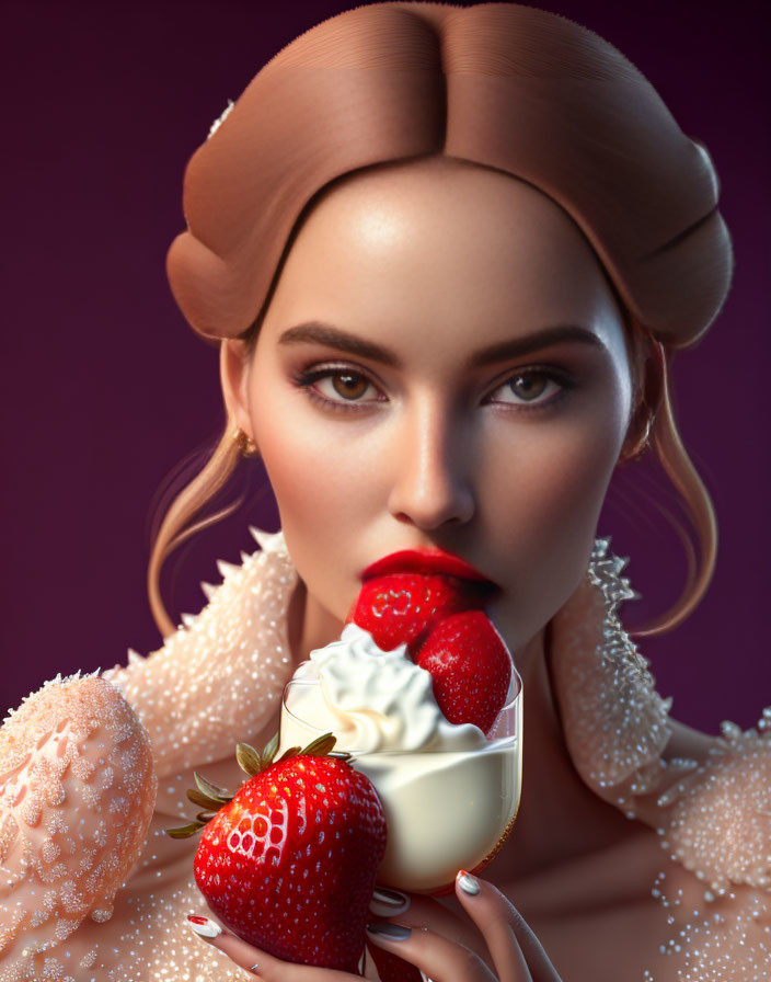 Elegant woman tasting whipped cream and strawberries in beaded outfit