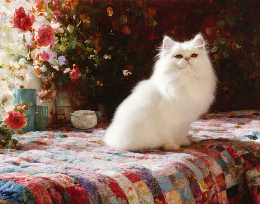 Fluffy white cat on colorful quilted bedspread with vibrant roses