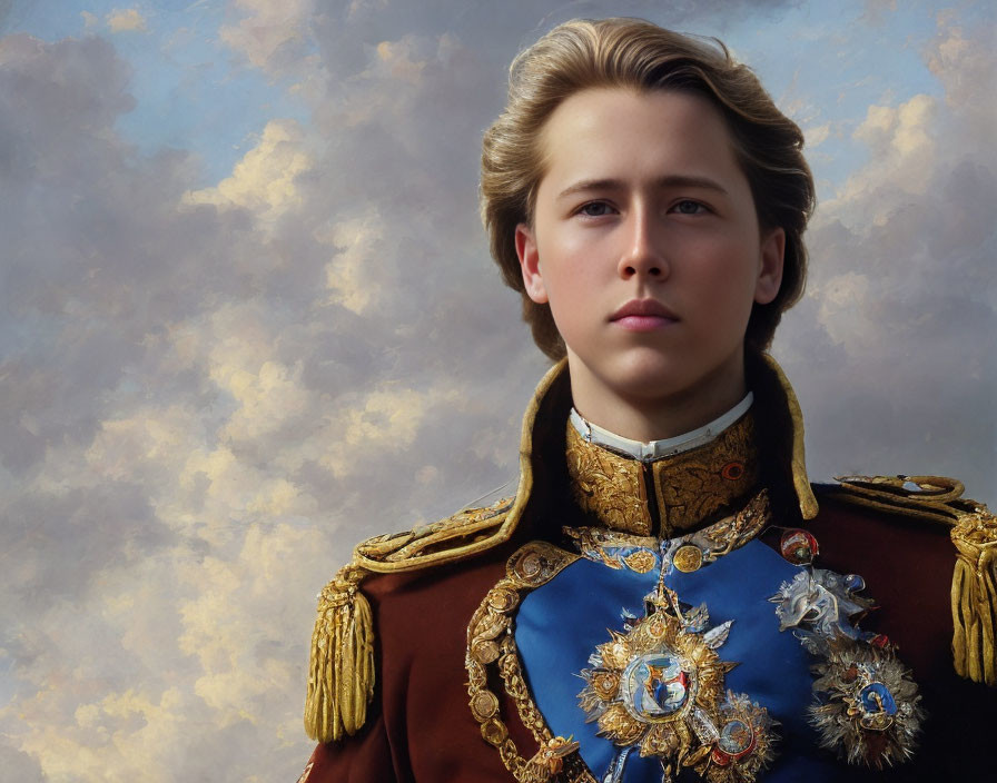 Young person in vintage military uniform with wavy hair against cloudy sky