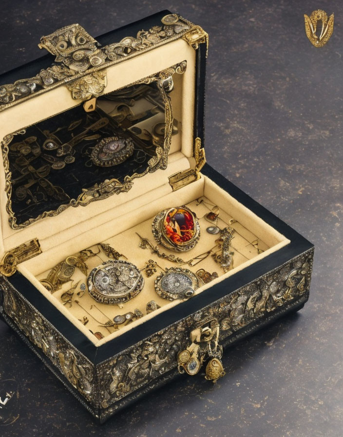 Ornate Vintage Jewelry Box with Assorted Antique Jewelry