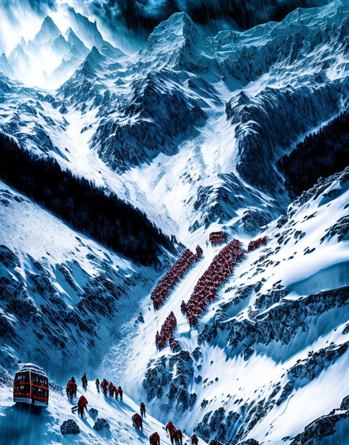 Climbers on snowy mountain pass with cable car and rugged peaks