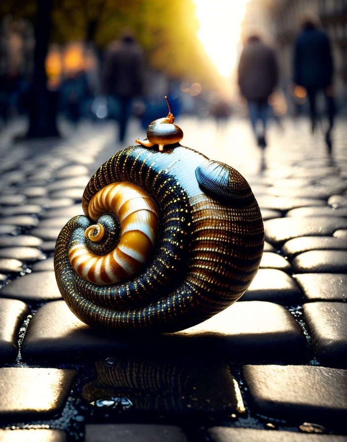 Surreal snail with elongated shell on cobblestone street