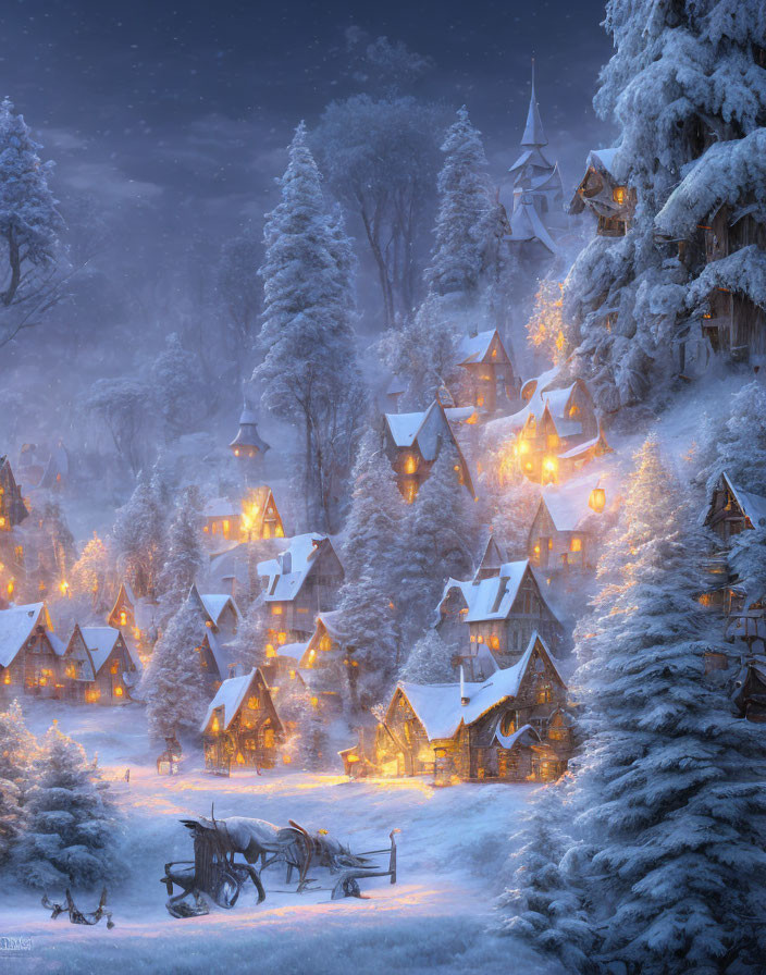 Snow-covered winter village with glowing cottages and horse-drawn sleigh at twilight