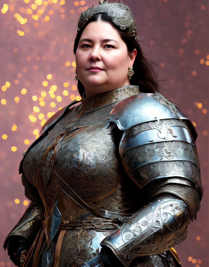 Elaborately engraved medieval armor on a confident woman pose with golden bokeh lights