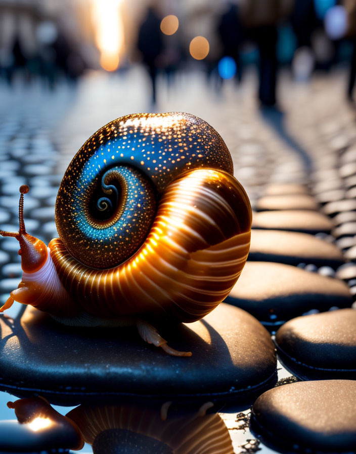 Digitally Enhanced Snail in Swirling Shell on Urban Background