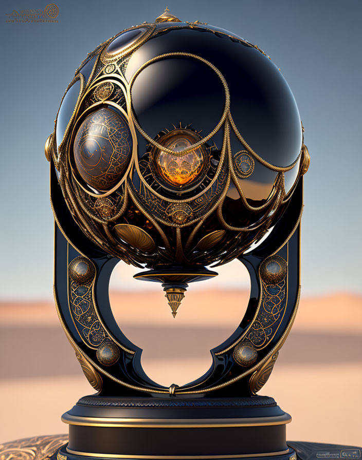 Ornate mechanical sphere with golden filigree in desert setting