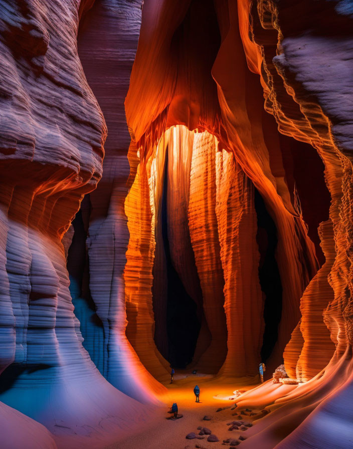 Orange and purple slot canyon with towering rock walls and small figures.