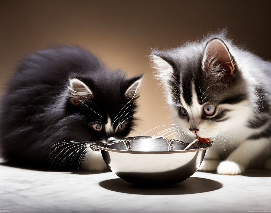 Fluffy black and gray kittens eating together from silver bowl