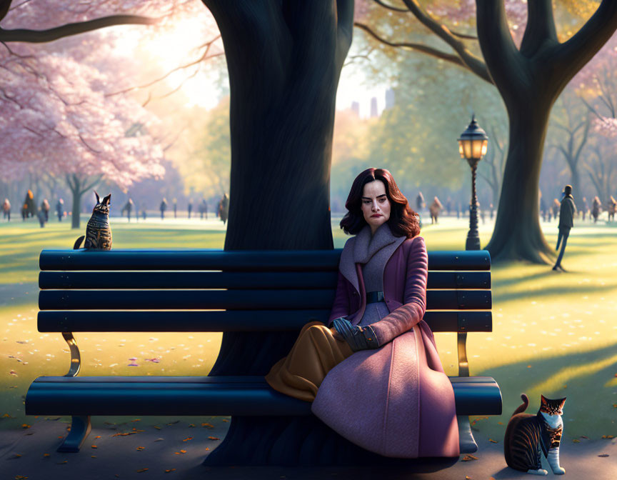 Woman sitting on park bench with two cats among cherry blossoms