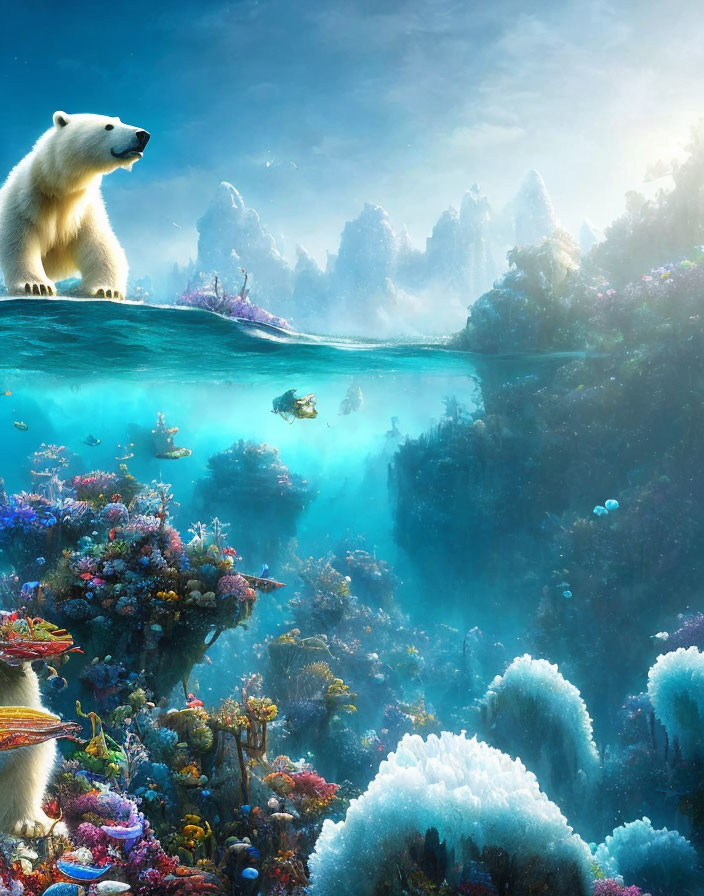 Polar Bear on Iceberg Over Colorful Underwater Scene