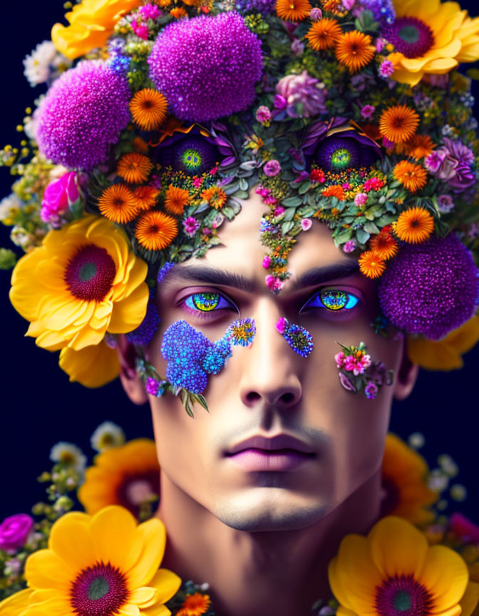 Intense blue eyes with vibrant floral makeup and colorful flower crown on dark background