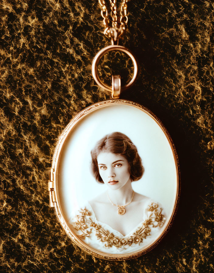 Sepia-Toned Woman Portrait on Vintage Locket