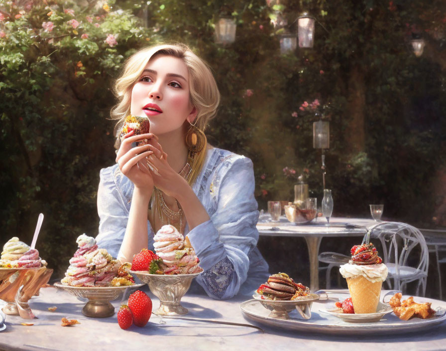 Woman in Blue Dress Surrounded by Desserts and Garden