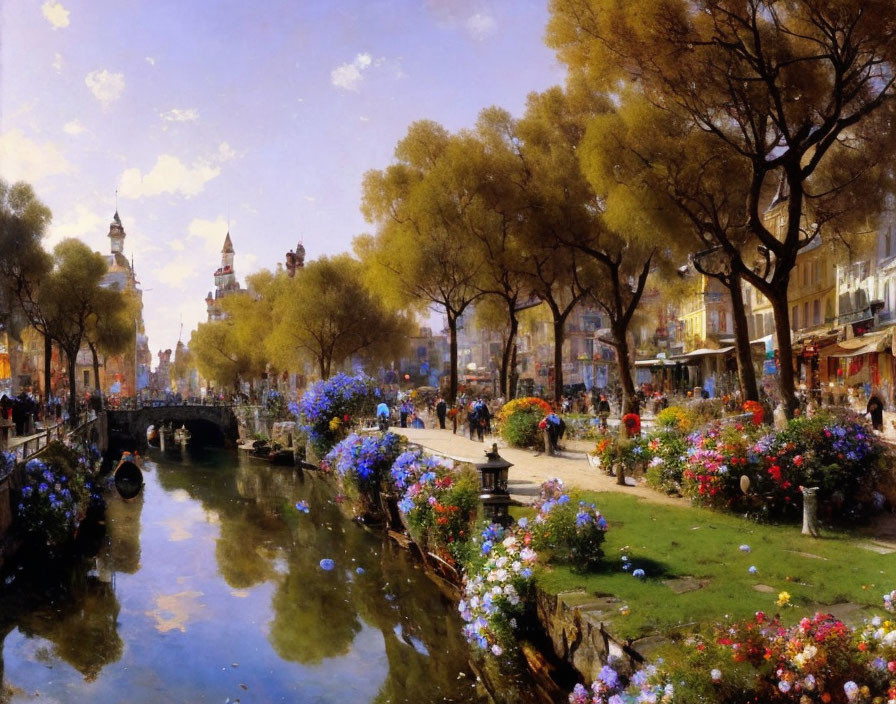 Vibrant painting of bustling riverbank with blooming flowers, pedestrians, shops, and historical buildings