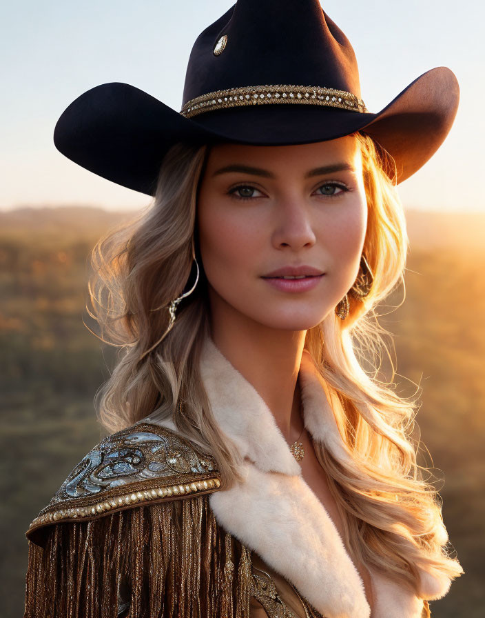 Blonde Woman in Cowboy Hat and Fur-Lined Jacket Outdoors