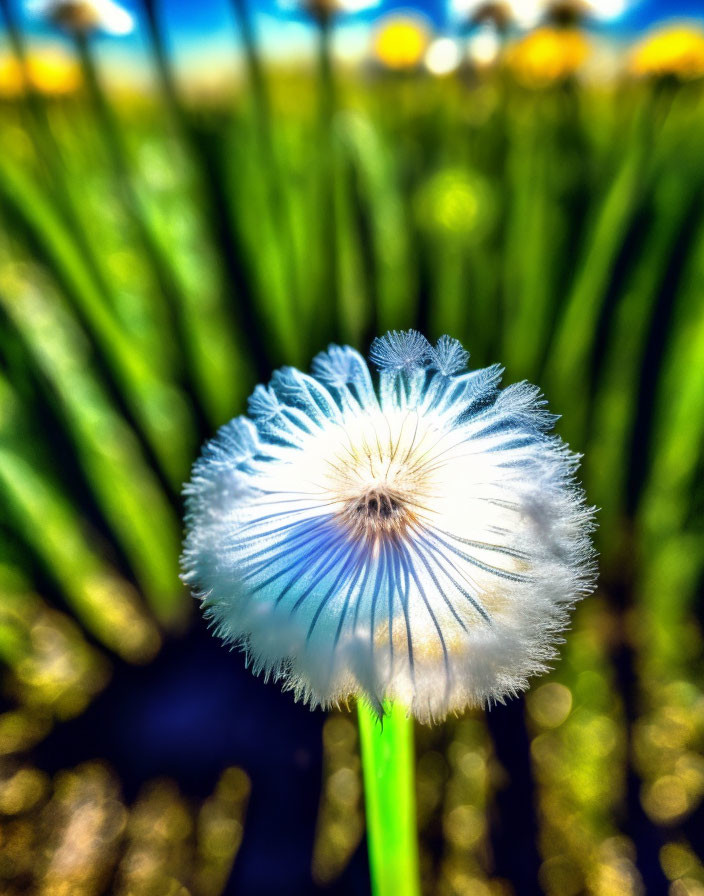 Fluffy white dandelion seed head against green stems and blue sky.