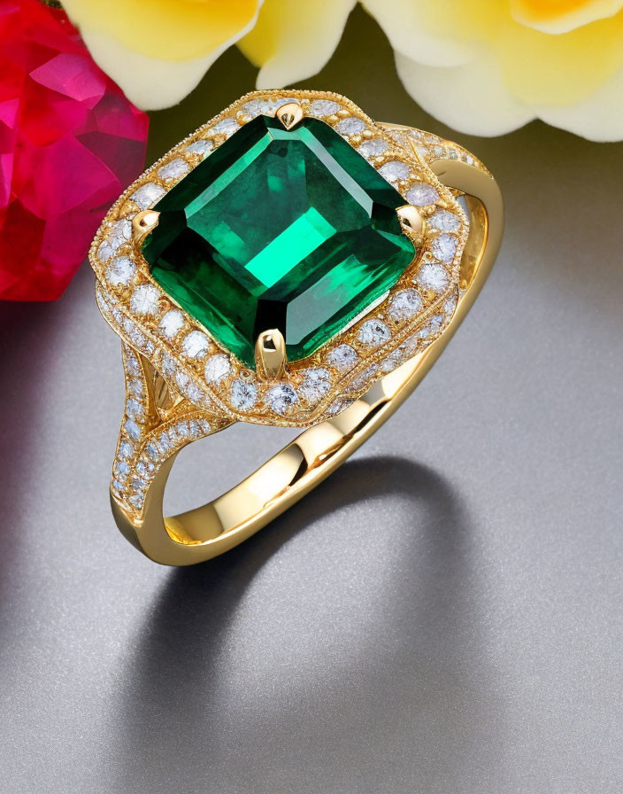 Gold Ring with Emerald-Cut Green Gemstone and Diamond Halo on Reflective Surface