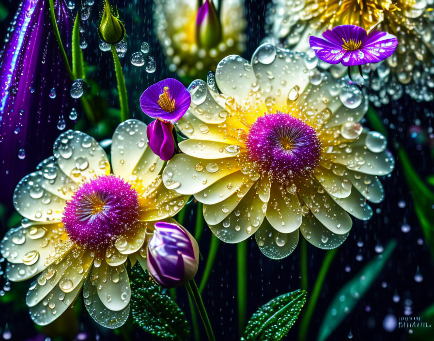 Colorful Flowers with Water Droplets on Petals in Rainy Background