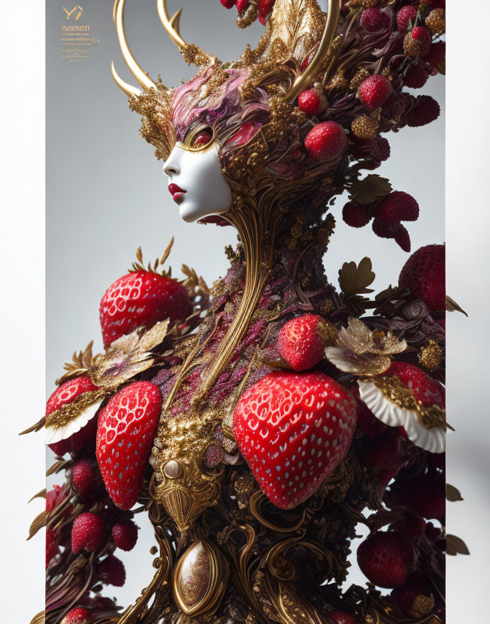 Elaborate fantastical figure with mask and ornate costume featuring gold, strawberries, floral, and