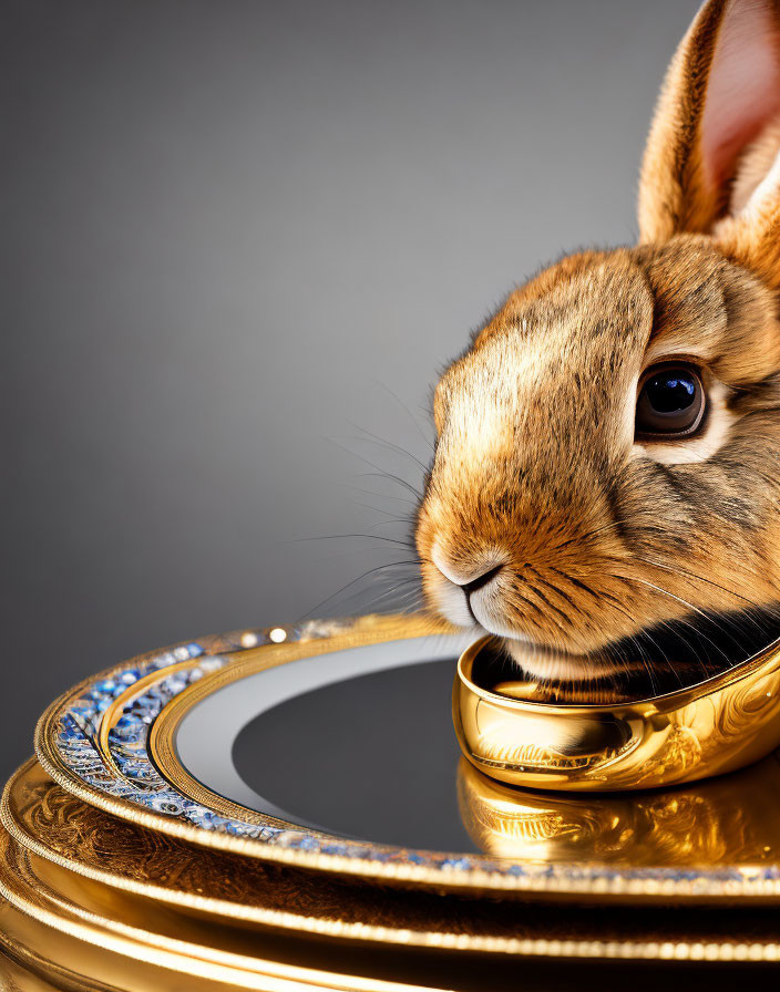 Close-up of rabbit by golden-framed mirror on grey background