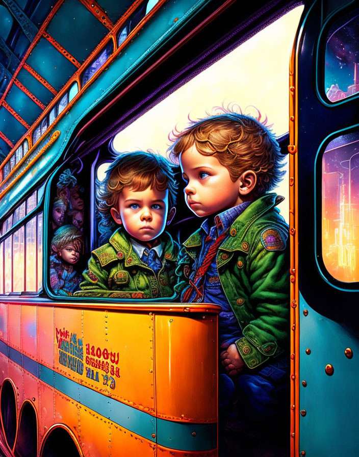 Children with expressive faces in colorful bus with whimsical lighting.