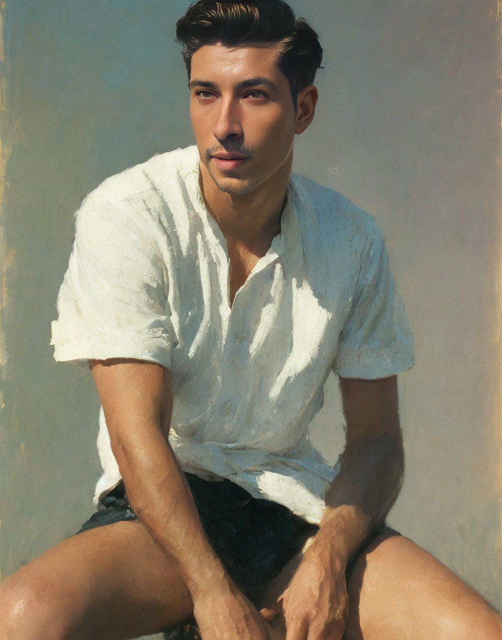 Man in White Shirt Sitting Cross-Legged on Neutral Background