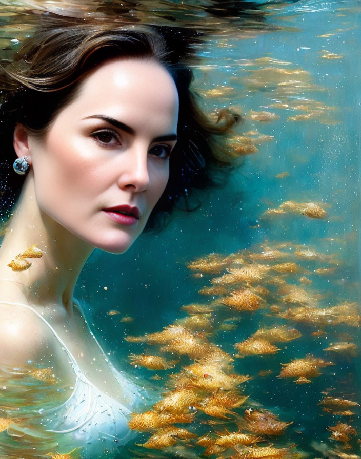 Woman Submerged in Water with Golden Fish Swimming Around