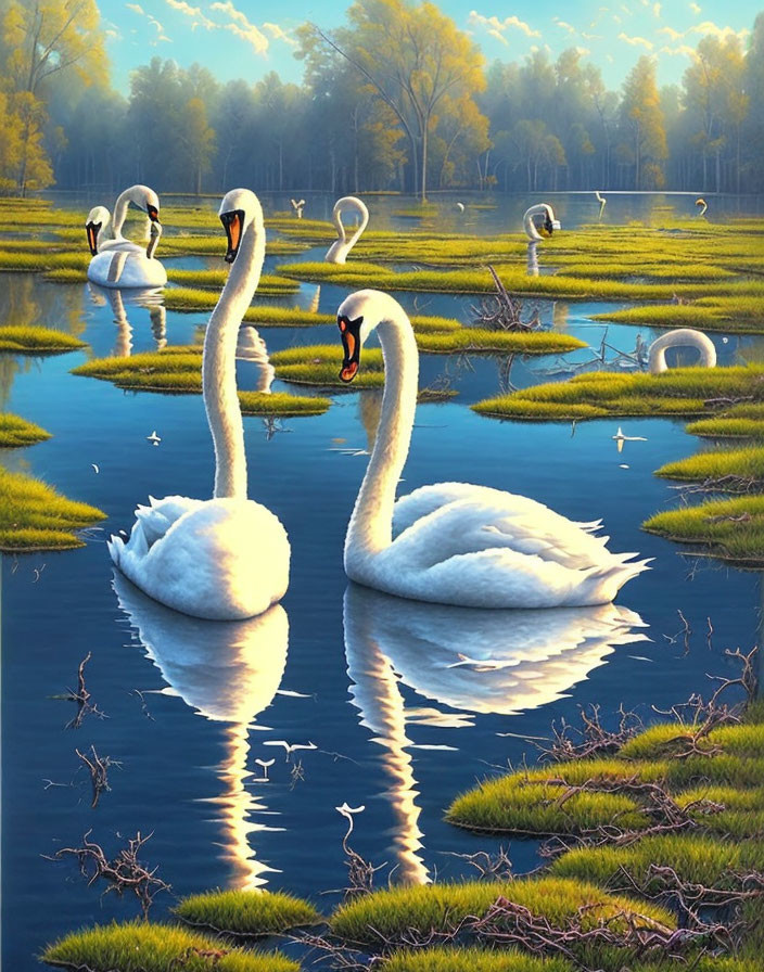 Swans in serene lake surrounded by vibrant greenery and soft glowing light