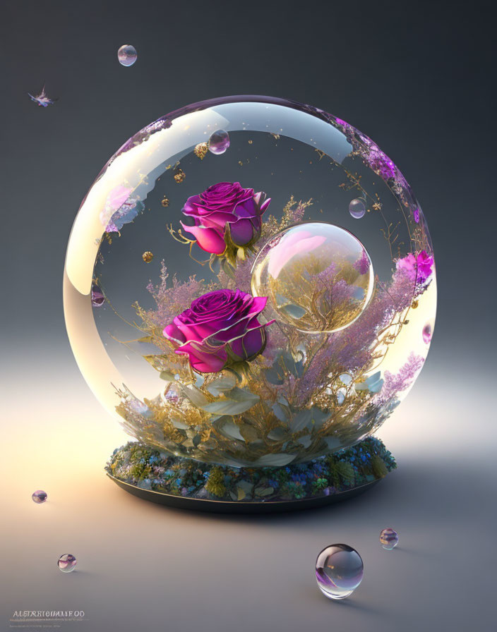 Spherical terrarium with purple roses and bubbles on gradient background