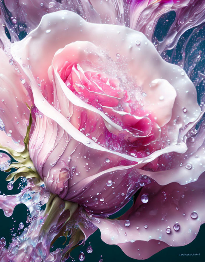 Pink rose with water droplets on blurred teal, purple, and white background