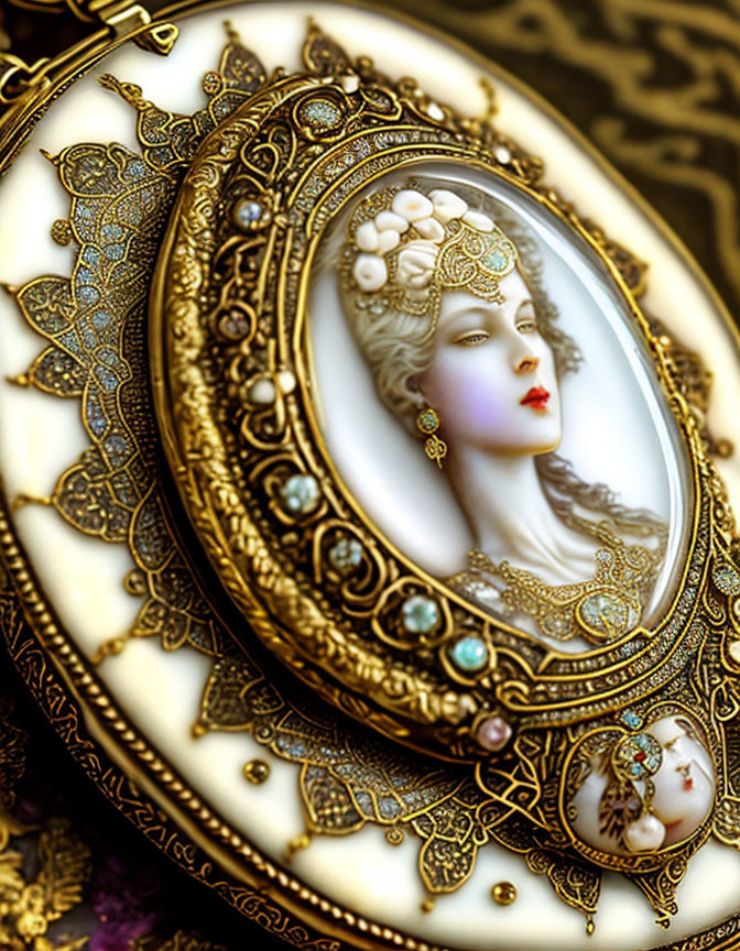 Intricate cameo pendant of elegant woman with pearl and gemstone details